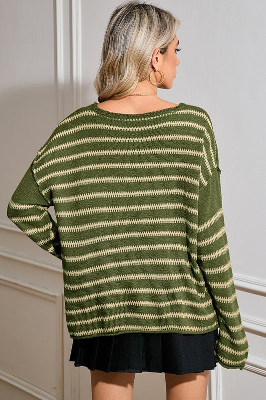 Casual Stripe Round Neck Drop Shoulder Sweater