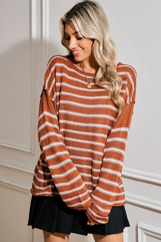 Casual Stripe Round Neck Drop Shoulder Sweater