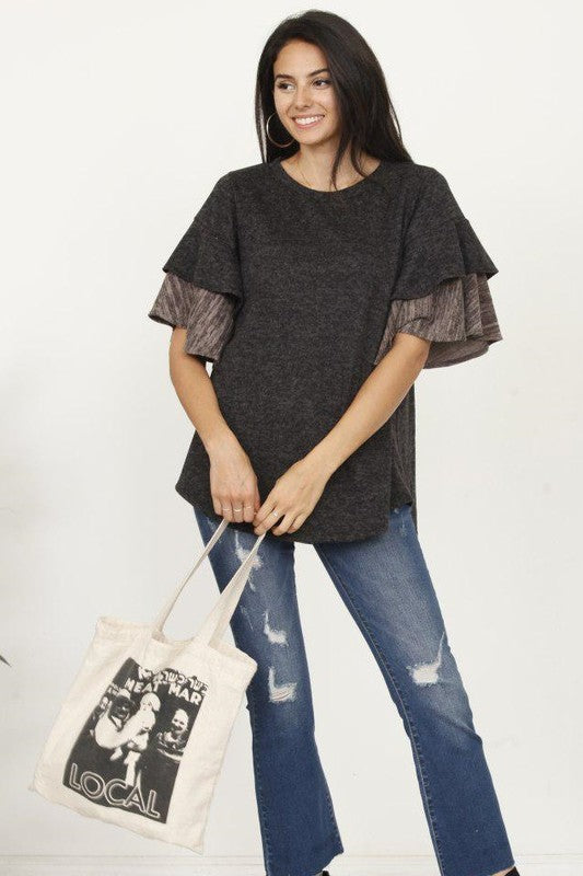 Plus Color Block Sleeve Ruffle Knit Top