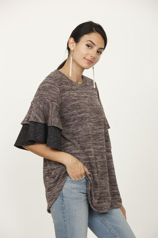 Plus Color Block Sleeve Ruffle Knit Top